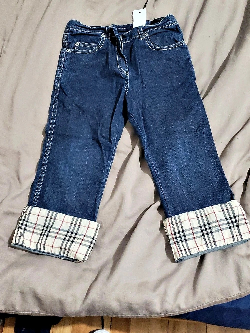 Burberry Kids Denim Jeans with Check Cuffs Blue